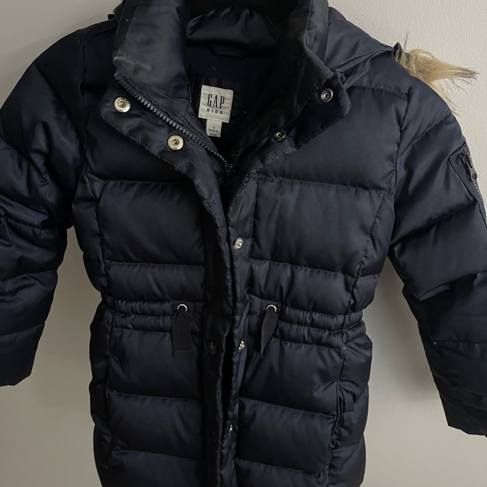 Gap Kids Girls Puffer Coat Hooded Cold Control Size S, Navy Blue, Belt Hip